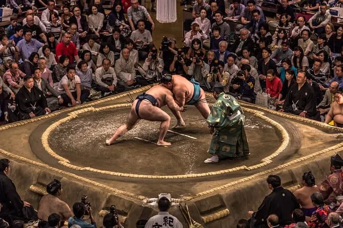 View of a professional sumo ring (dohyo) at a live sumo venue in Osaka, Japan