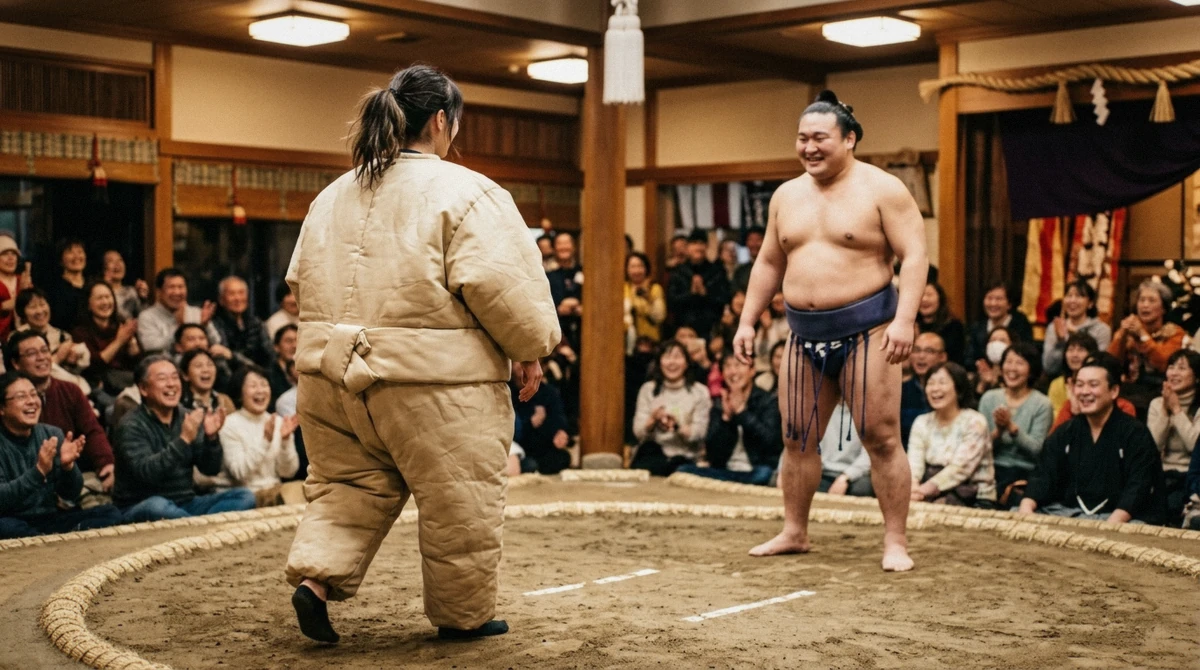 Audience challenge moment at a tourist sumo show in Osaka, visitor in a padded sumo suit facing a retired wrestler