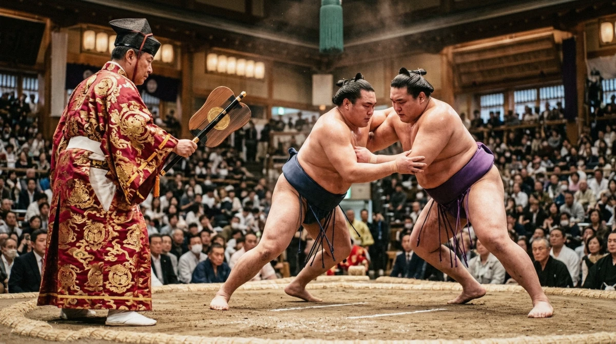 Referee and wrestlers mid-bout on the clay ring, the kind of detail you watch up close at Osaka sumo experiences